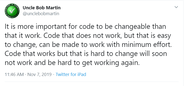 Uncle bob tweet on code refactoring